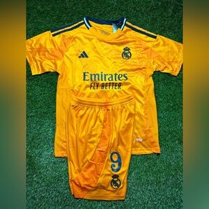 Real Madrid Mbappe kids soccer kit.